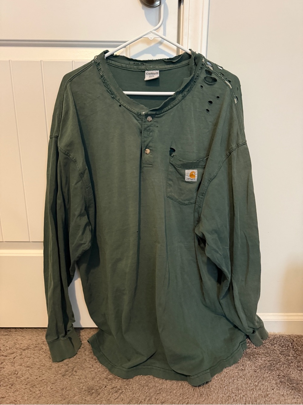 THRASHED Carhartt Men’s Long Sleeve Henley Pocket Shirt - Olive Green
